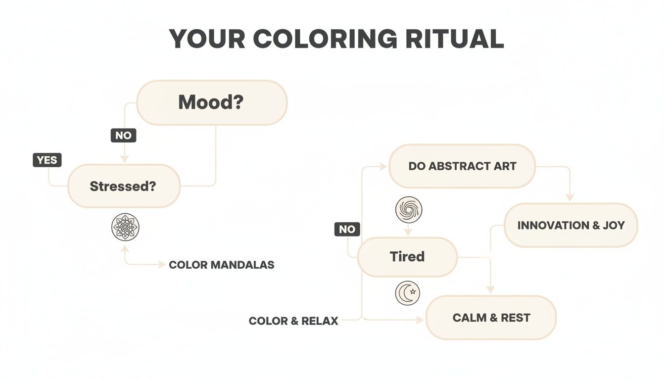 Flowchart showing a coloring ritual: mandalas for stress, abstract art for joy, and general coloring for rest.