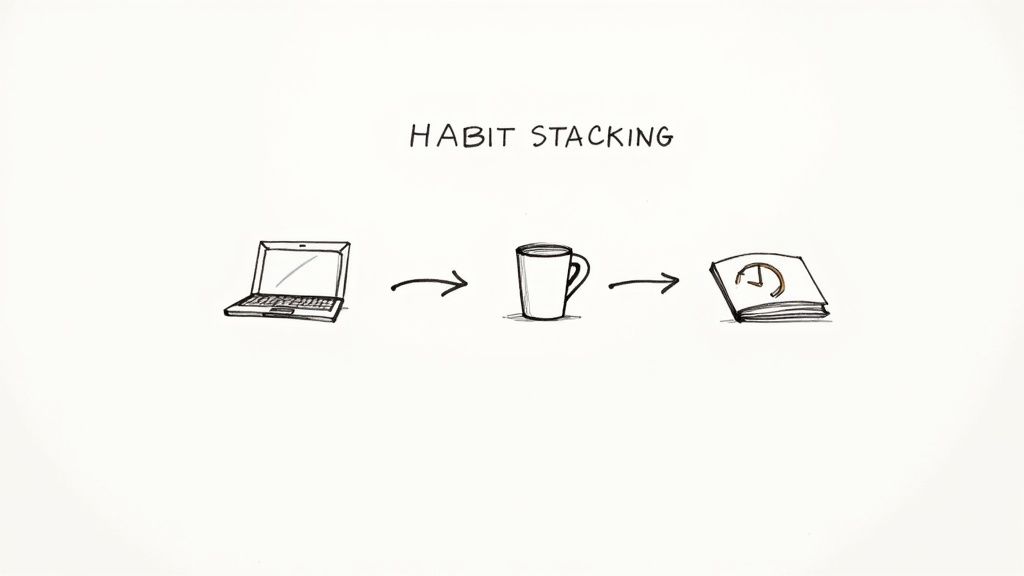A hand-drawn illustration depicting 'Habit Stacking' with a laptop, mug, and a book.