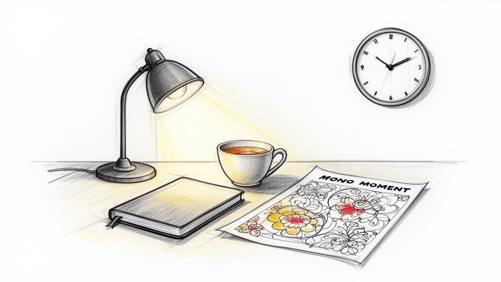 Hand-drawn desk setup with a bright lamp, coffee, journal, and 'Mono Moment' coloring page.