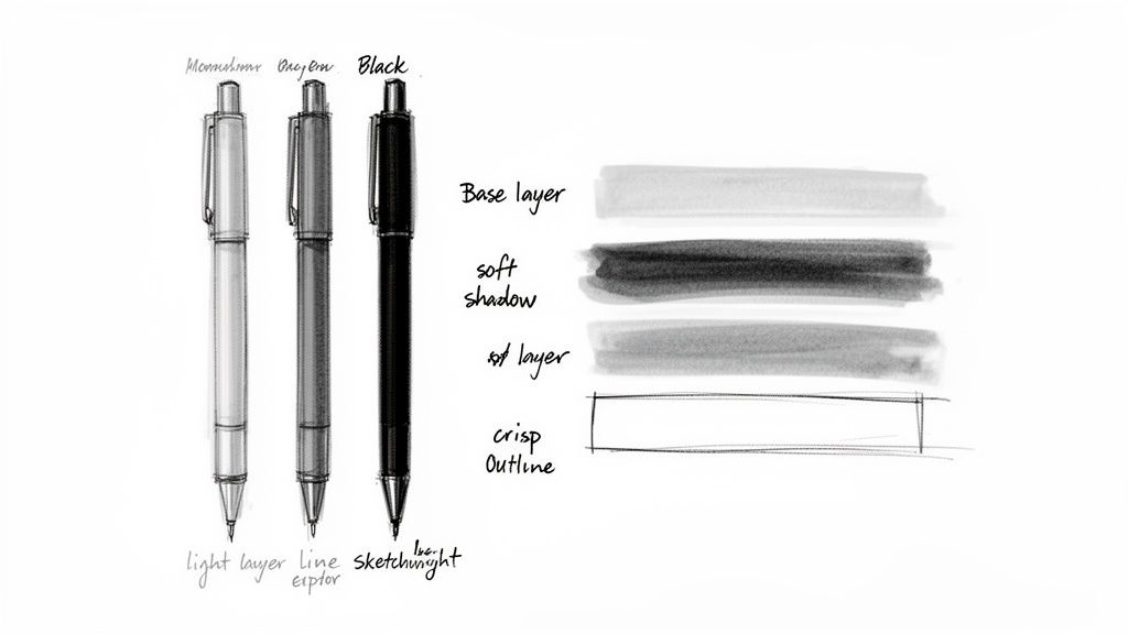 Three monochrome pens in light gray, gray, and black, alongside swatches demonstrating drawing layers and outlines.