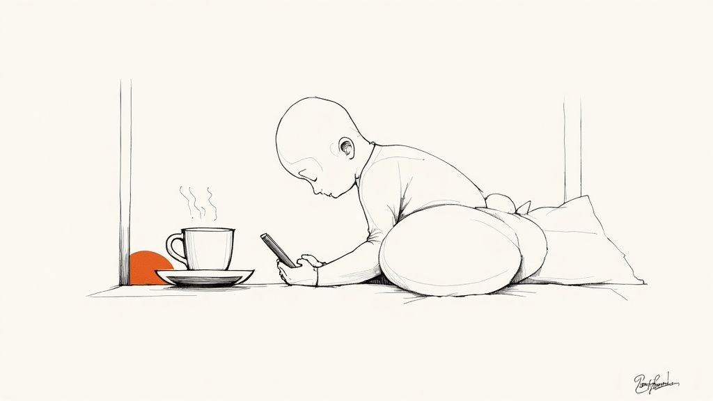 Minimalist drawing of a baby intently looking at a smartphone next to a steaming cup.