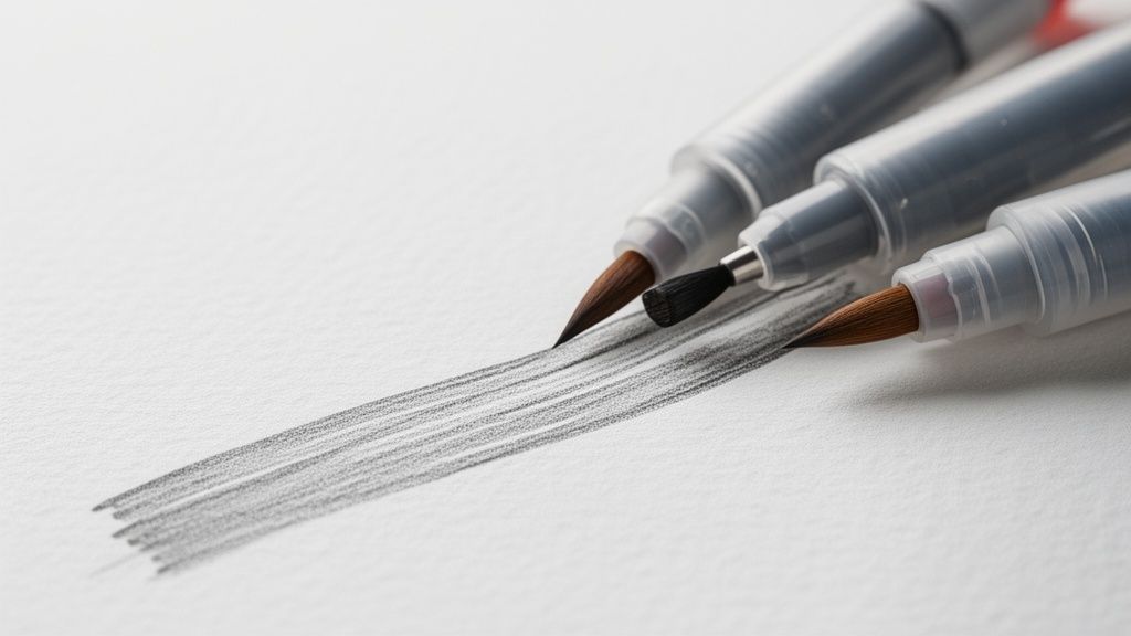 Three watercolor brush pens with different tips lie on white textured paper, making a gray stroke.