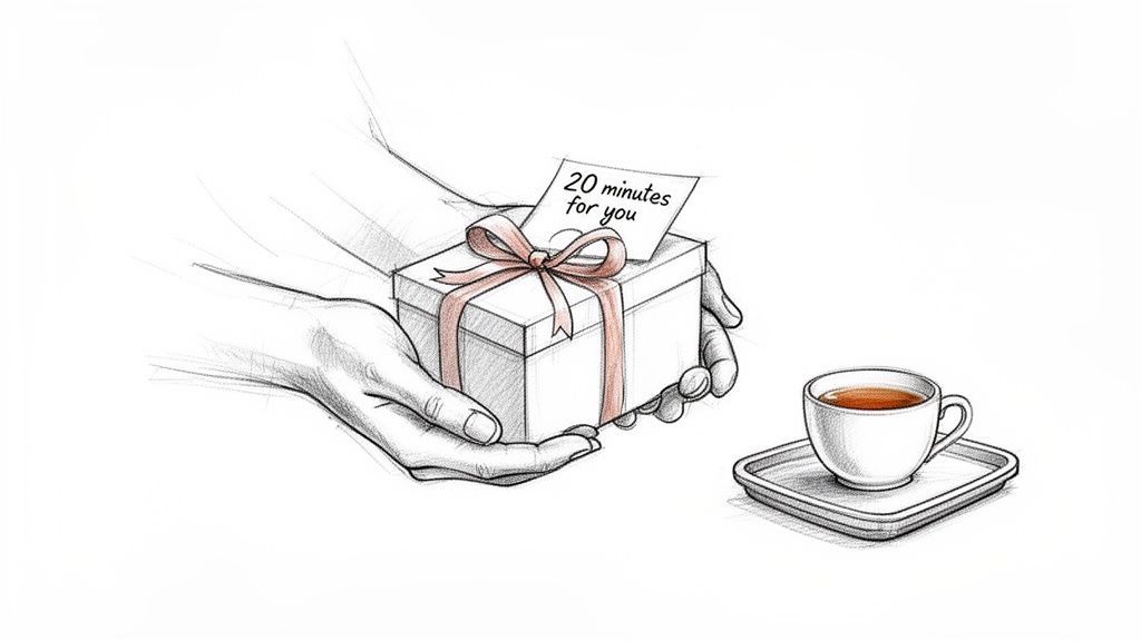 A sketch of hands holding a gift box with a note '20 minutes for you' and a cup of tea.