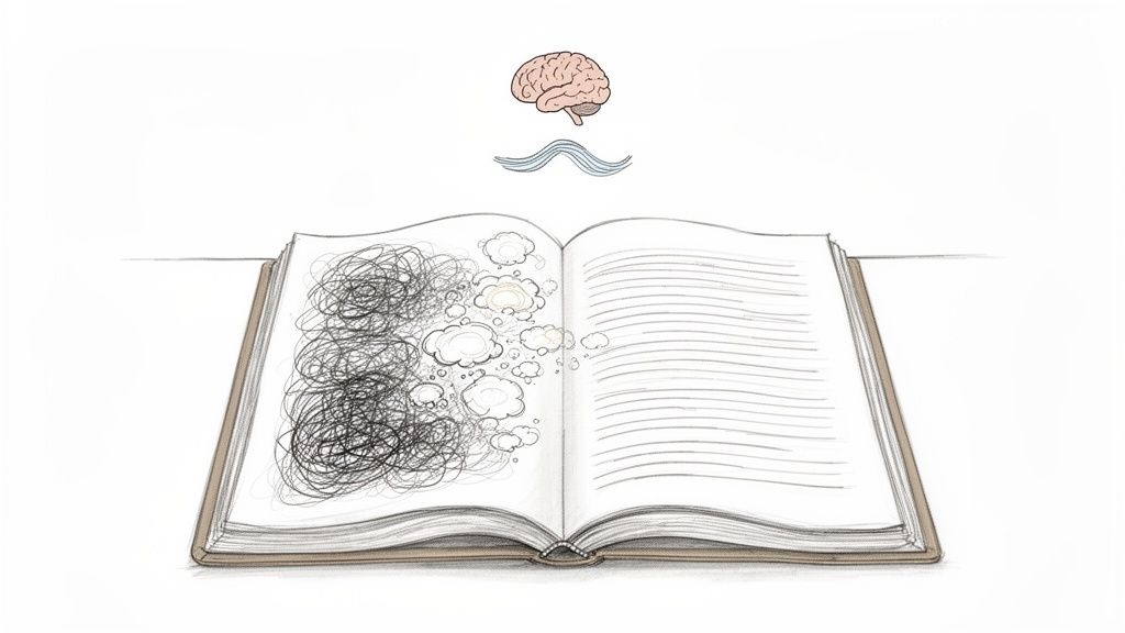 An open journal illustrates a brain's messy thoughts transforming into organized lines, representing mental clarity.