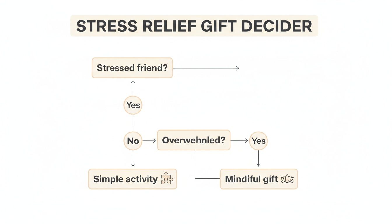 A flowchart titled 'Stress Relief Gift Decider' guides choosing gifts based on a friend's stress and overwhelm.