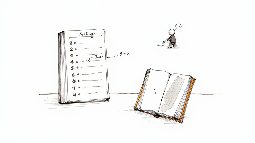 A hand-drawn sketch showing a numbered to-do list, an open book, and a small person making music.