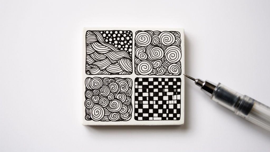 Close-up of a white tile with four Zentangle patterns and a pen, showcasing intricate line art.
