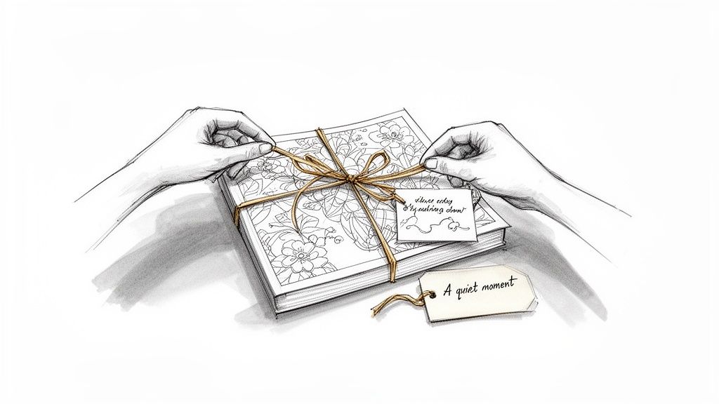 Two hands gently tying a golden ribbon around a beautiful floral adult coloring book.
