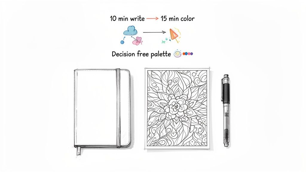 A blank journal, a floral coloring page, and a pen illustrate a 10-minute writing and 15-minute coloring process.