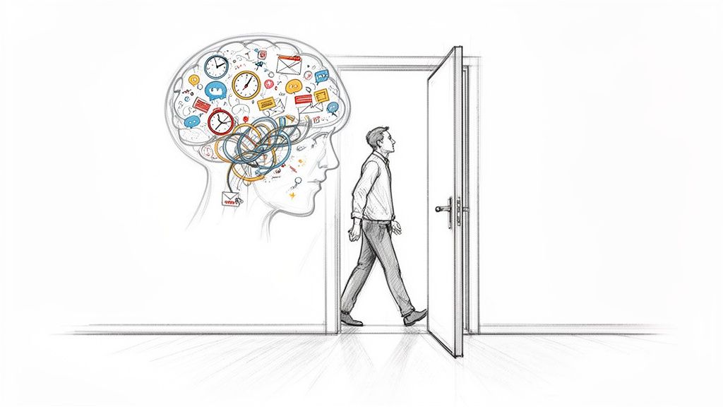 Sketch of a man walking out of a door, leaving a brain full of digital clutter.