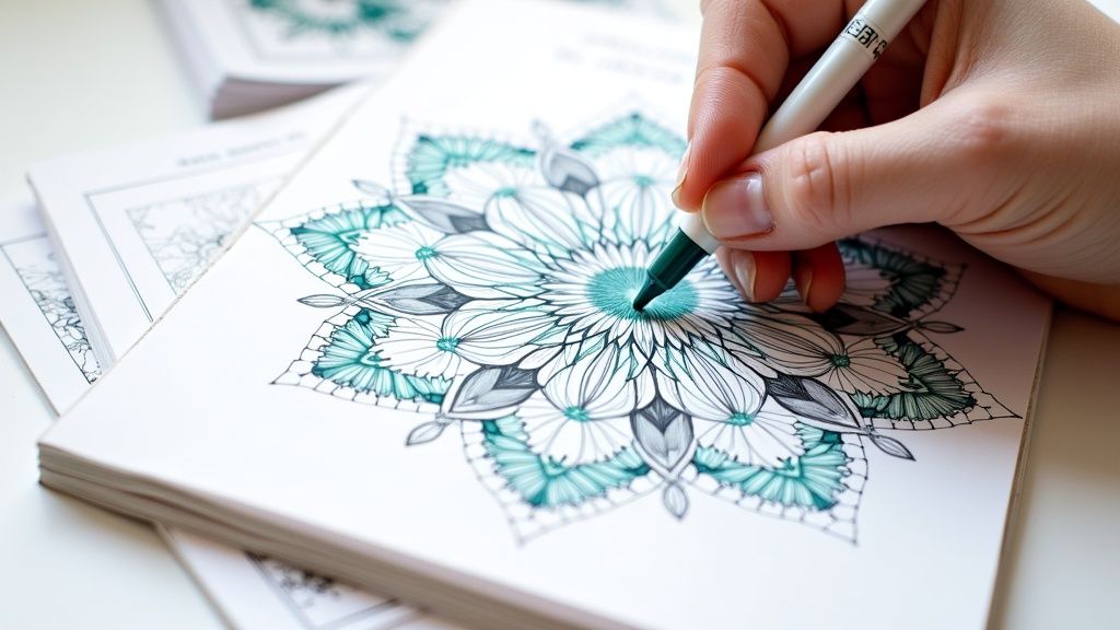 Person coloring in a monochrome book