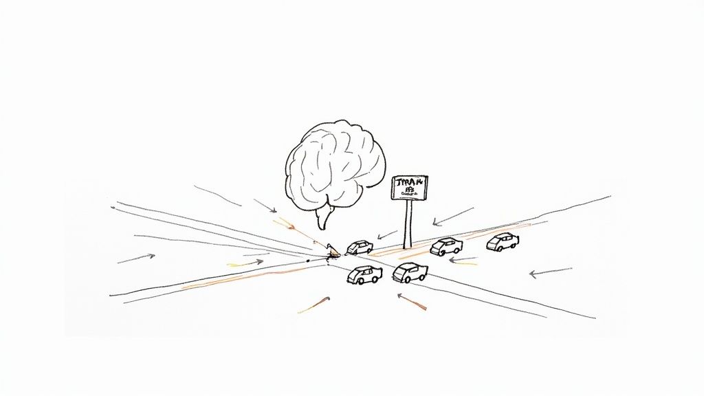 Cartoon drawing of a brain overseeing a busy road intersection with cars and direction arrows.
