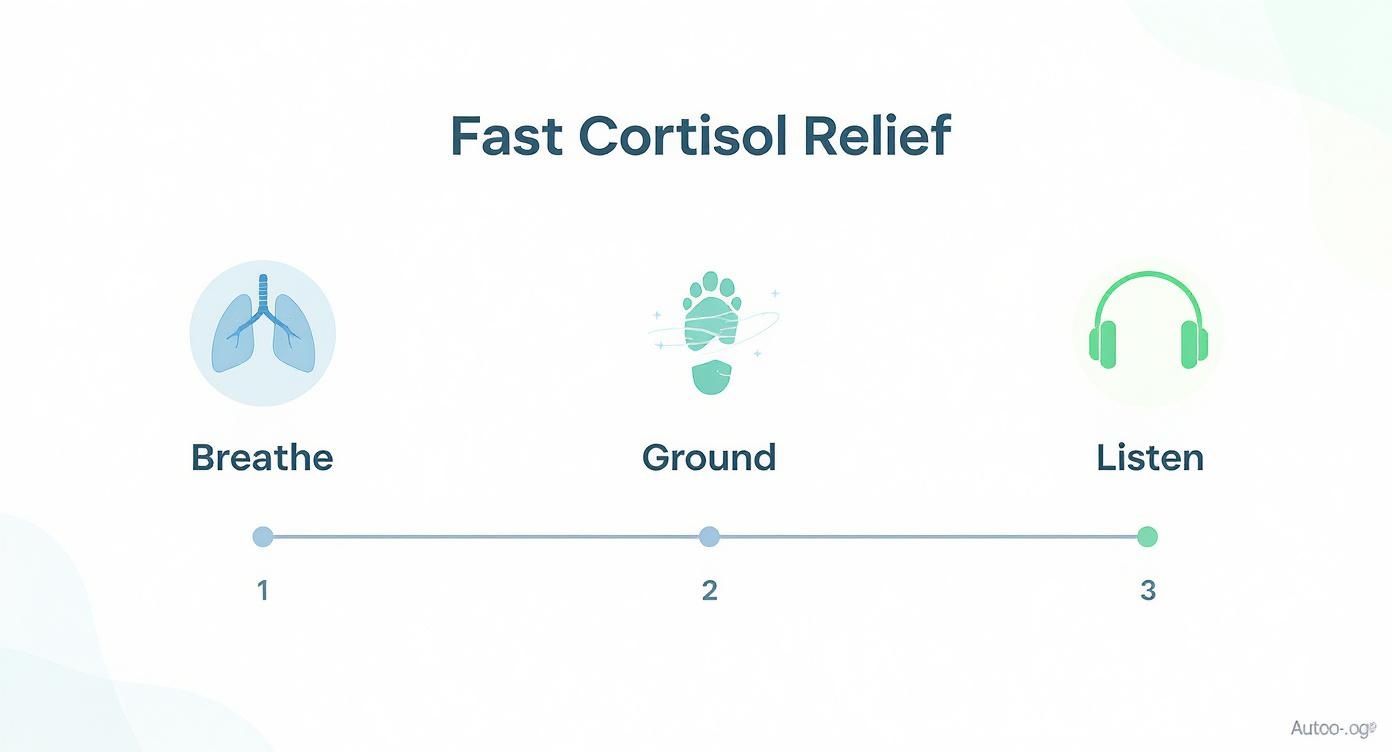 Three simple steps for fast cortisol relief: breathe, ground, and listen, with icons.