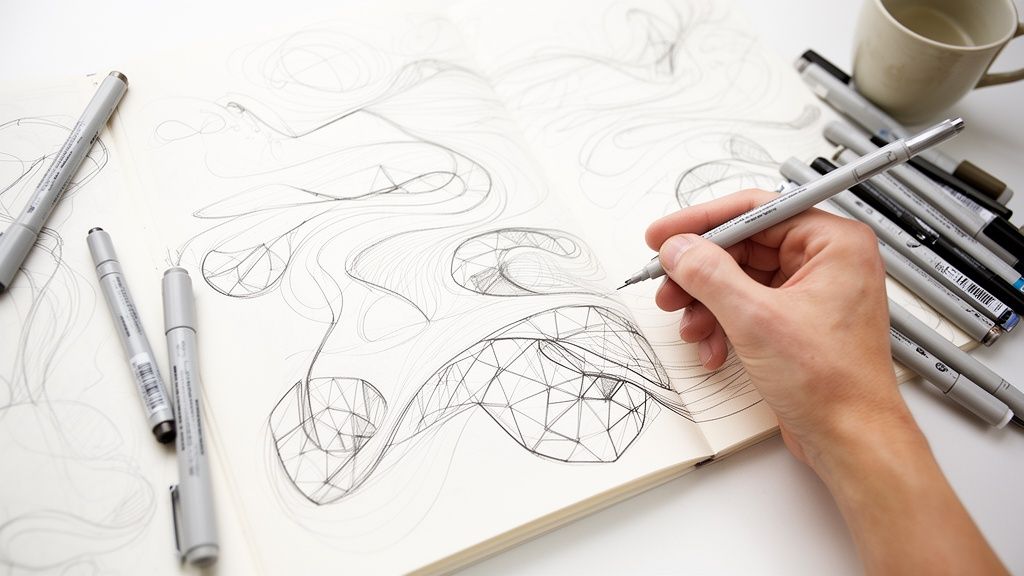 A hand sketches intricate abstract designs with a fineliner pen in a notebook surrounded by markers and a coffee cup.