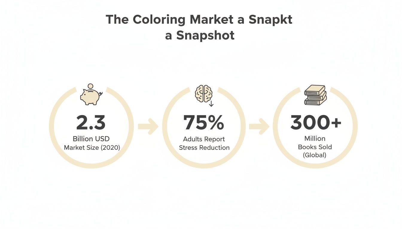 Infographic outlining the coloring market snapshot, including market size, stress reduction, and global books sold.