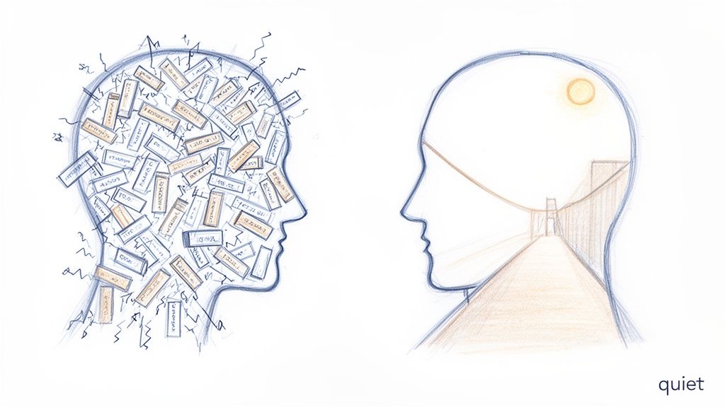 Two head profiles: one cluttered with thoughts and noise, the other peaceful with a bridge and sun.