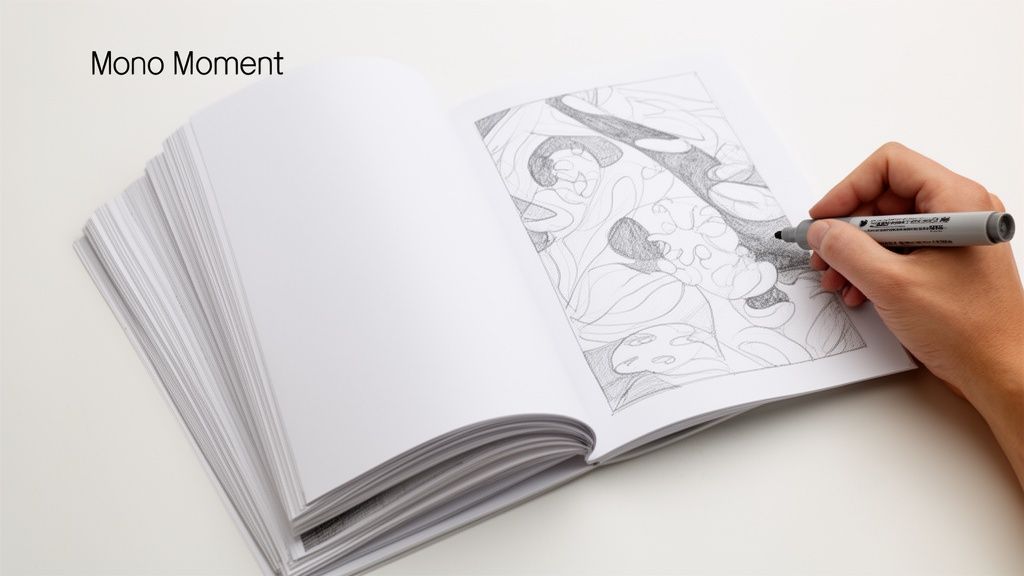 A hand uses a grey marker to color a complex abstract design in an open adult coloring book.