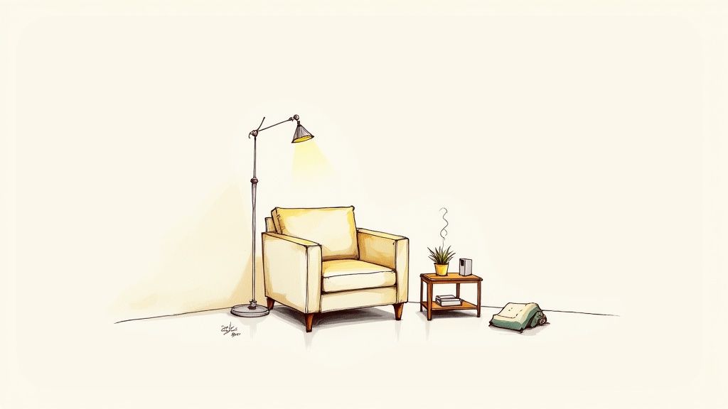 A cozy, minimalist drawing of a cream armchair with a floor lamp and side table.