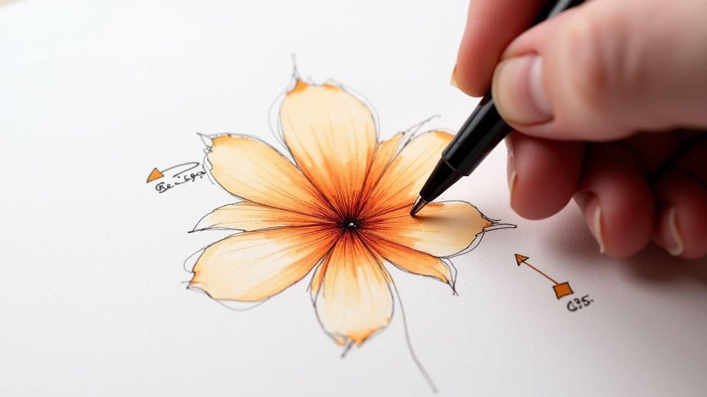 A hand coloring a beautifully drawn orange and red flower on white paper with a black fine-tip pen.