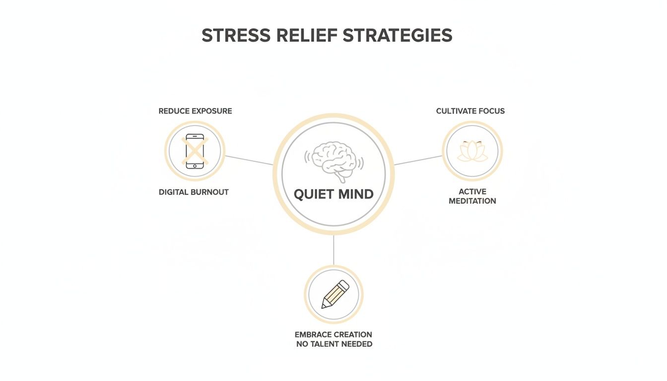 A diagram outlining stress relief strategies, including reducing digital exposure, active meditation, and embracing creation.