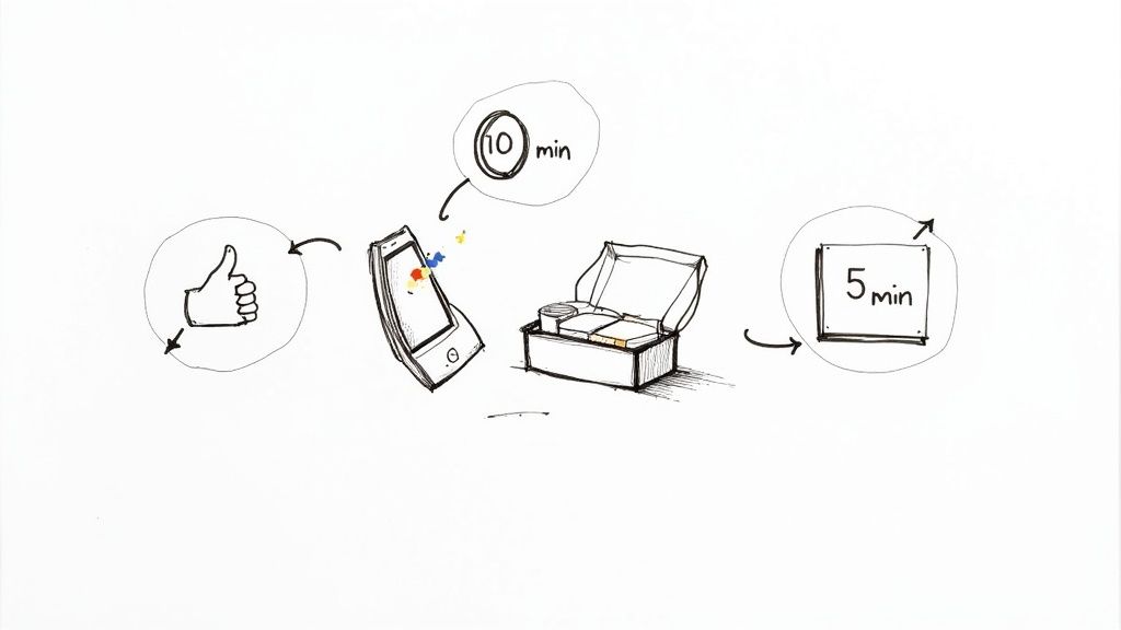 Hand-drawn icons show thumbs-up, smartphone activity for 10 minutes, and a quick 5-minute meal.