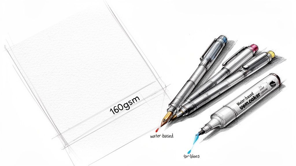 An illustration of water-based pens, including a fountain pen and marker, on 160gsm paper with ink drops.