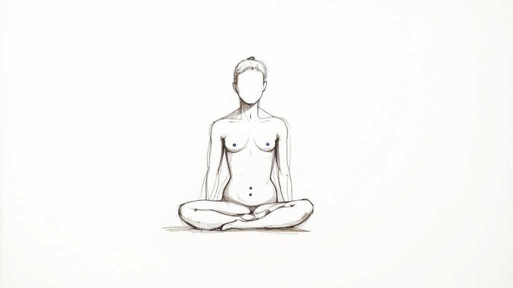A minimalist line drawing of a person in a cross-legged meditative pose, with blue dots on the body.