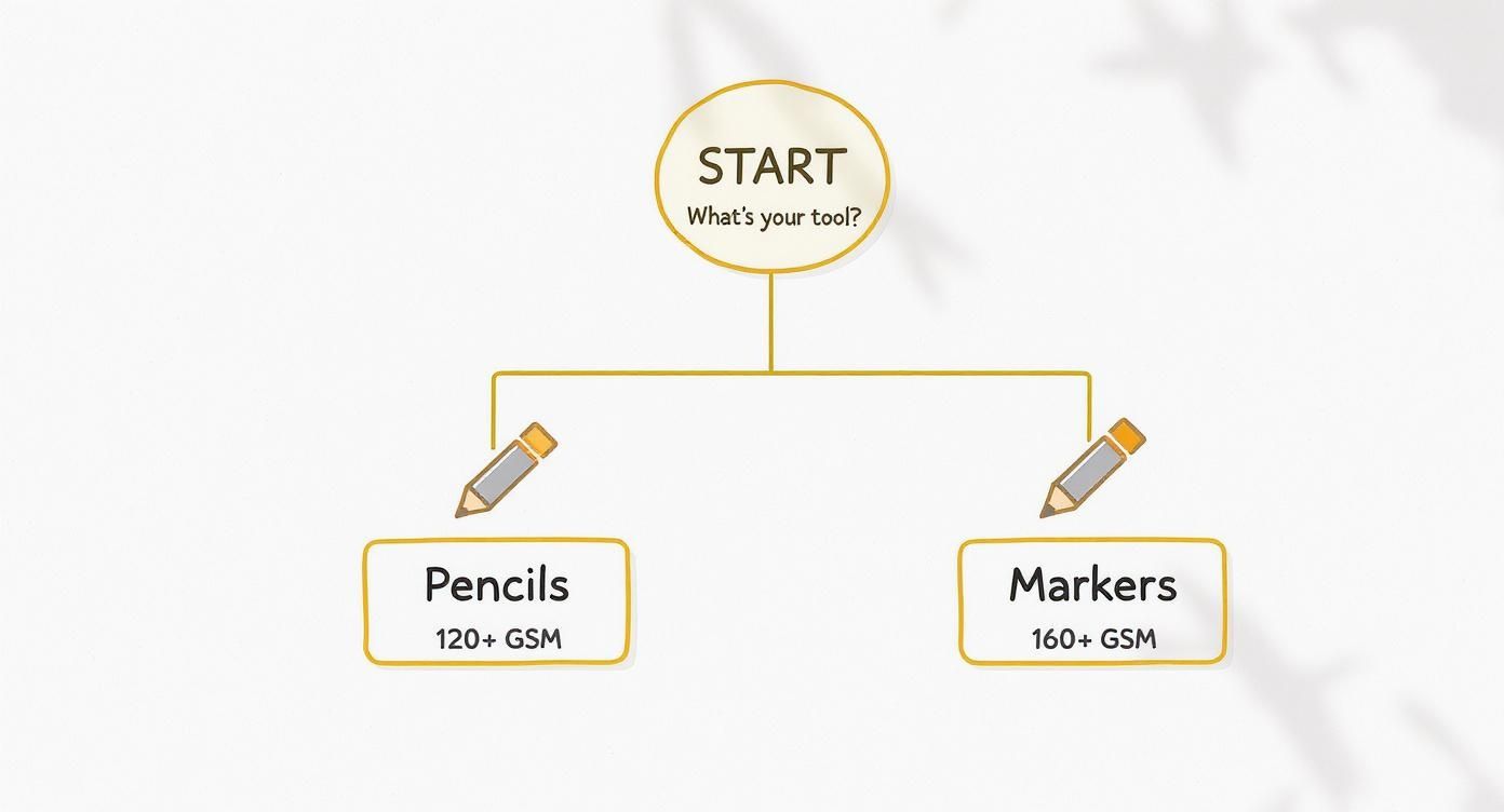 Flowchart guiding paper choice based on drawing tools: Pencils require 120+ GSM, Markers require 160+ GSM.