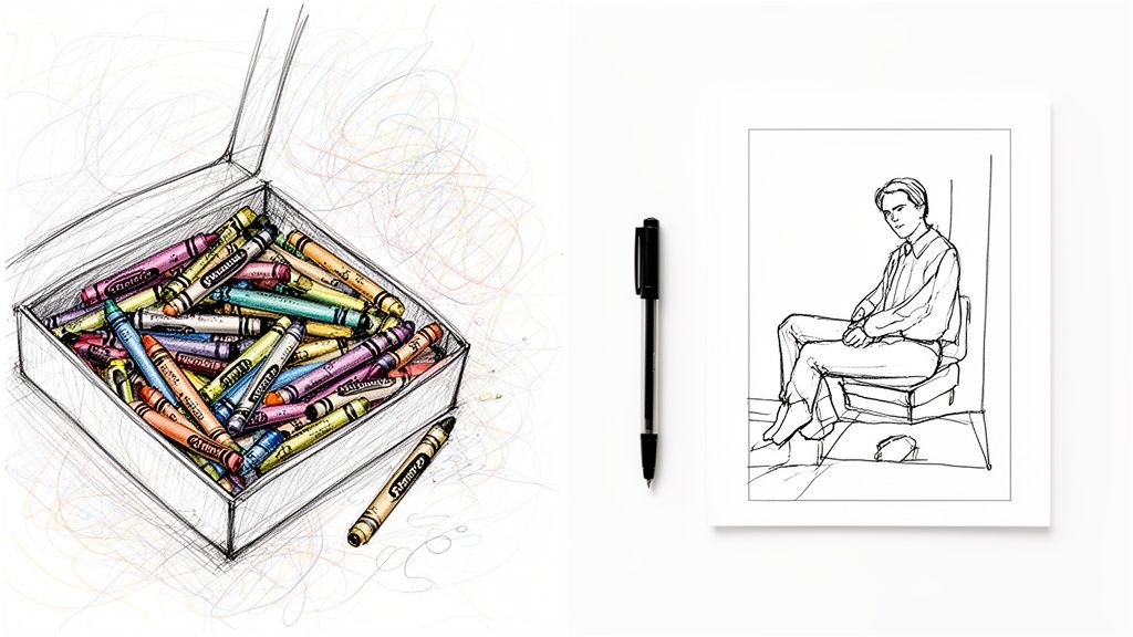 Colorful crayons in a box, one outside, beside a black pen and a coloring book sketch of a man.