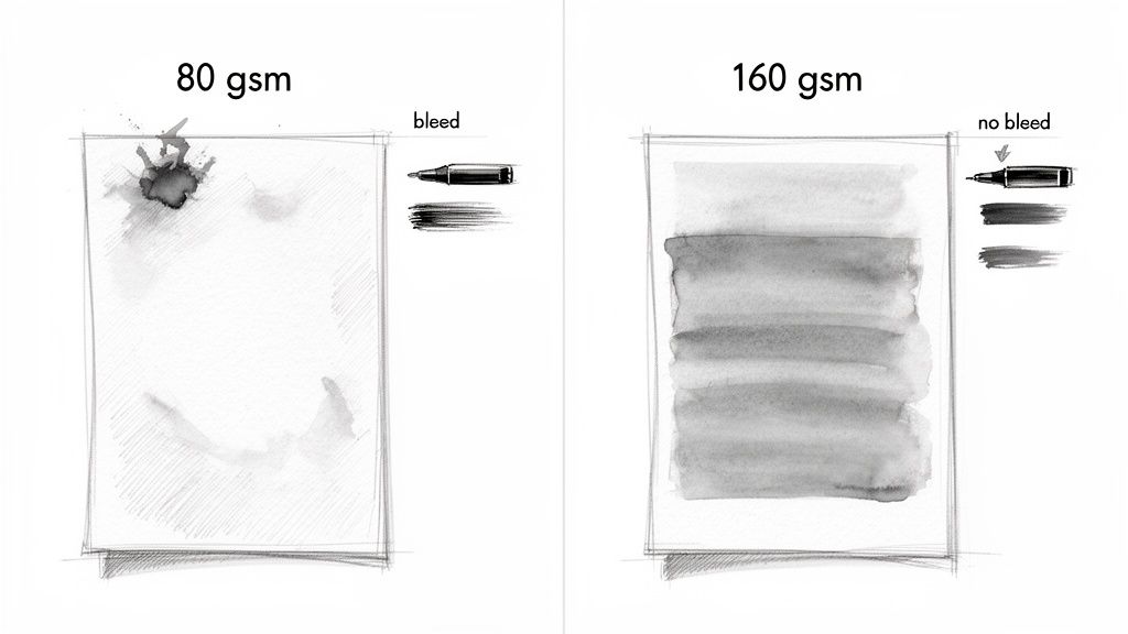 Comparison of 80 gsm and 160 gsm paper showing ink bleed on thinner paper and no bleed on thicker paper with marker swatches.