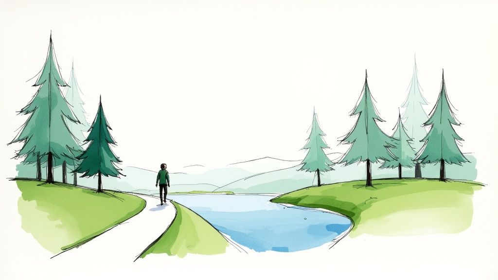An illustration of a person walking on a winding path next to a calm lake, surrounded by pine trees and distant mountains.