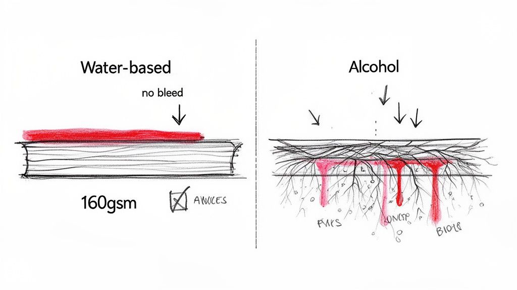 Diagram showing water-based ink staying on paper surface, while alcohol-based ink bleeds through fibers.