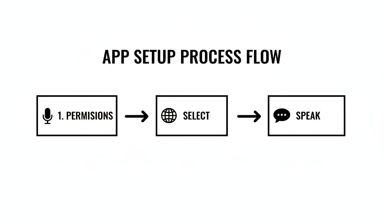 Flowchart showing an app setup process: 1. Permissions (microphone), Select (globe), and Speak (speech bubble).