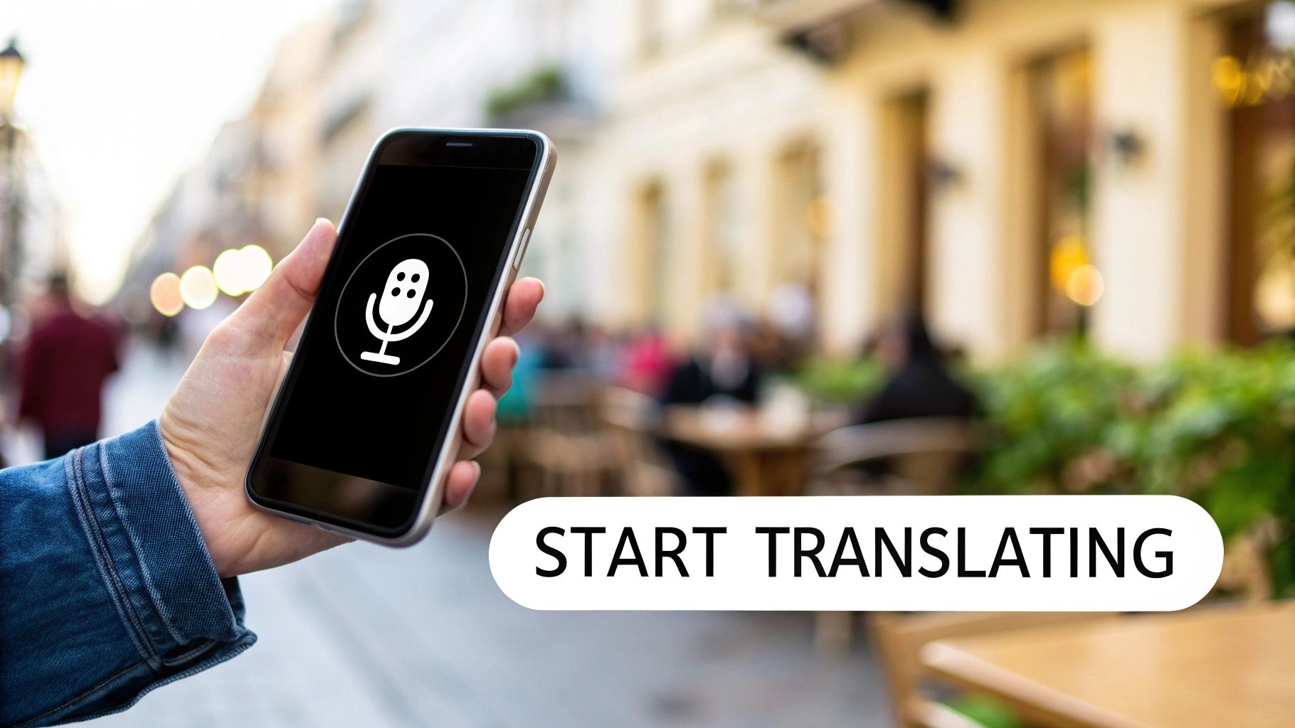 Hand holds a smartphone displaying a microphone icon with 'START TRANSLATING' text overlay.