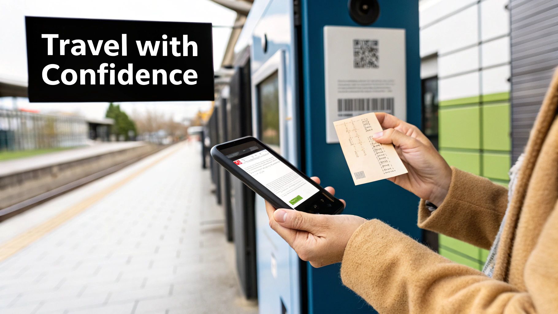 Person at a train station holding a smartphone and a ticket, with a 'Travel with Confidence' sign.