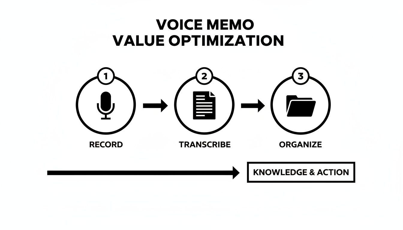 A flowchart illustrating voice memo value optimization: record, transcribe, and organize for knowledge and action.