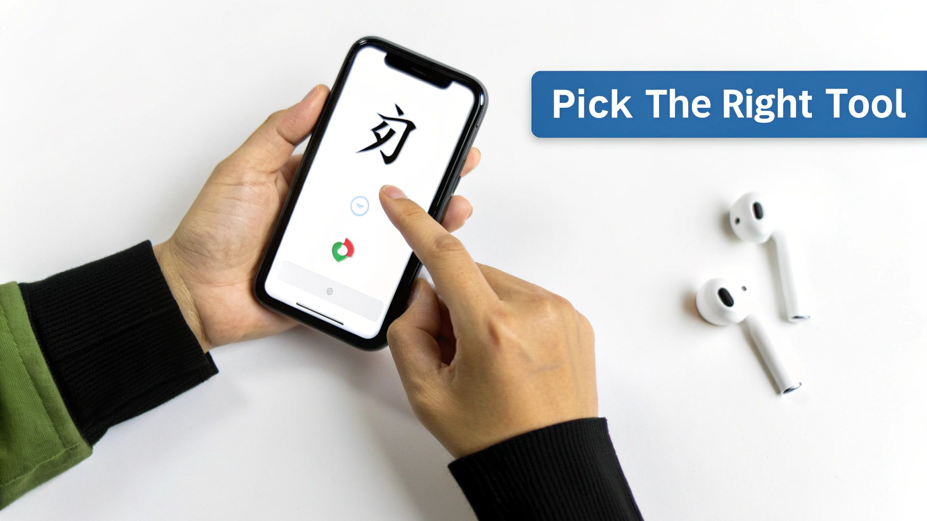 A person holds a smartphone displaying a Chinese character, with wireless earbuds nearby and text 'Pick The Right Tool'.