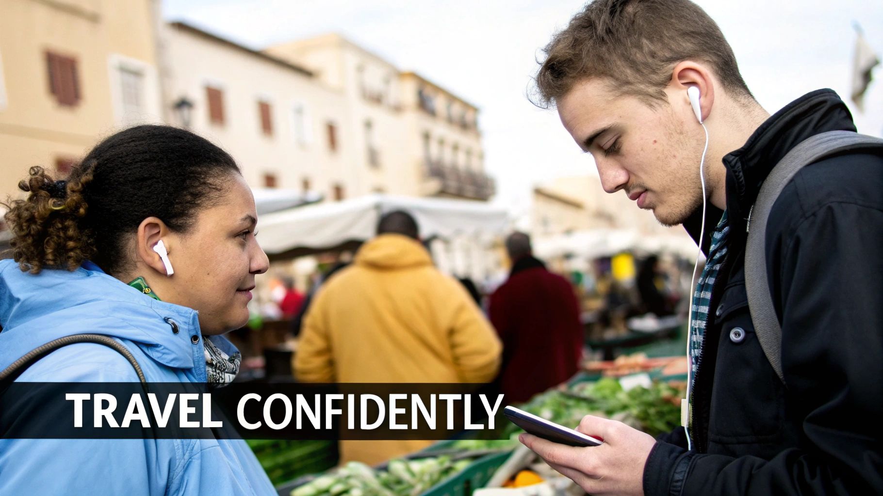 People with earbuds and a phone in a street market, with 'TRAVEL CONFIDENTLY' text.