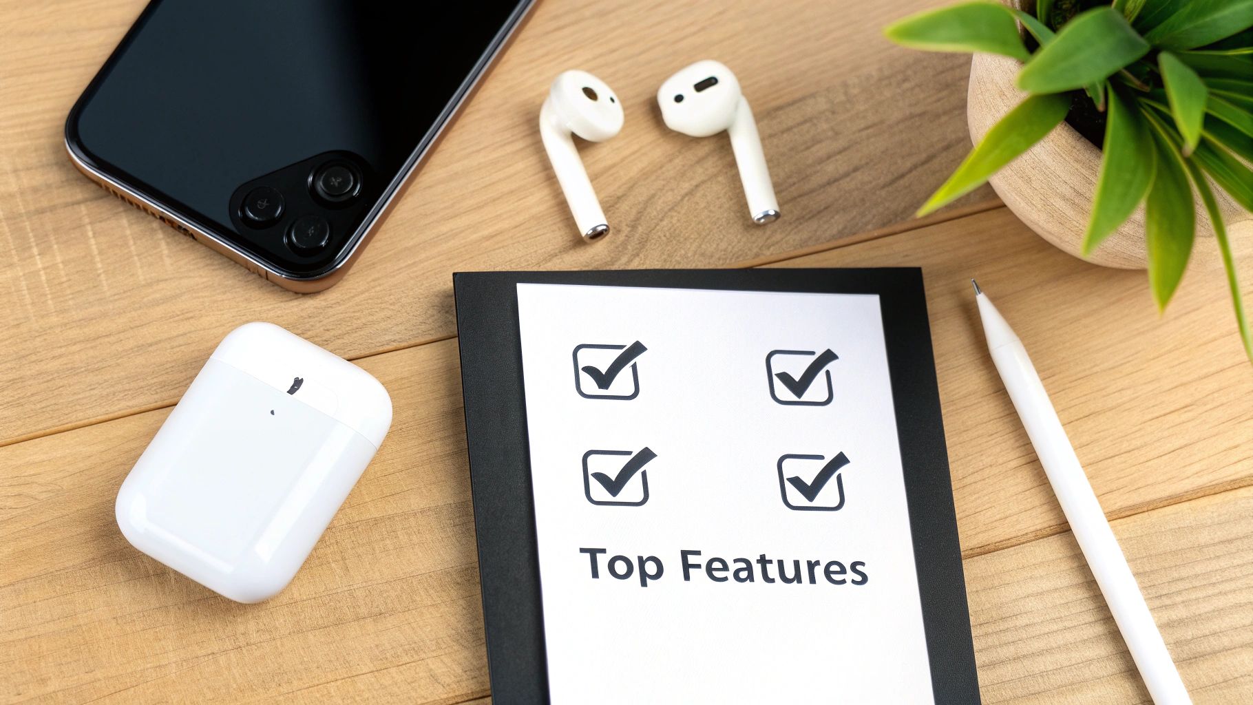 A flat lay of a smartphone, wireless earbuds, charging case, and a 'Top Features' checklist on a wooden desk.