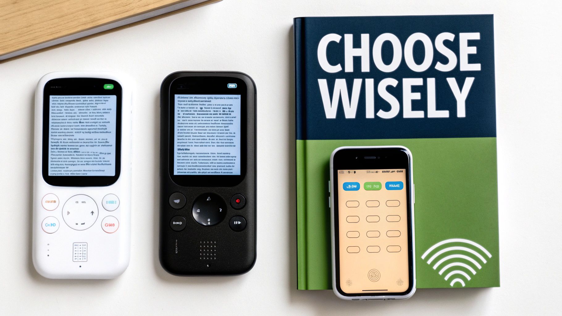 Two handheld translator devices, a smartphone and a 'CHOOSE WISELY' book on a white table.