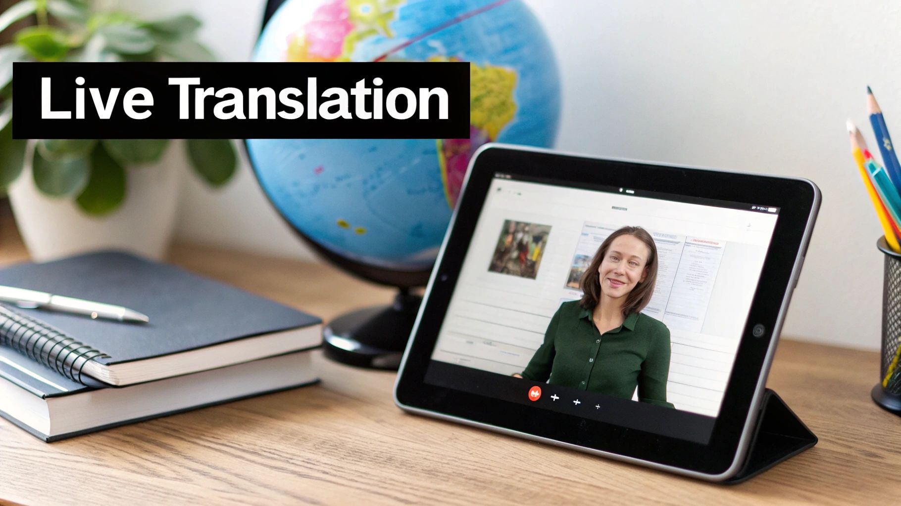 A tablet on a desk displays a woman on a video call, alongside 'Live Translation' text.