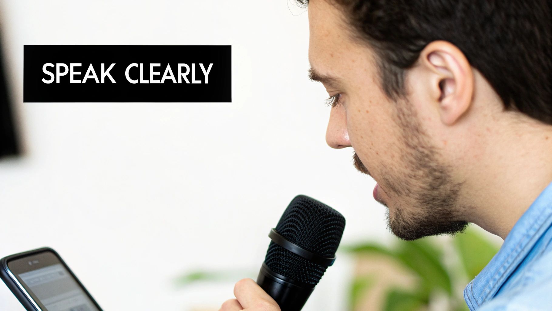 A man with a beard speaks clearly into a microphone, looking at a smartphone screen.