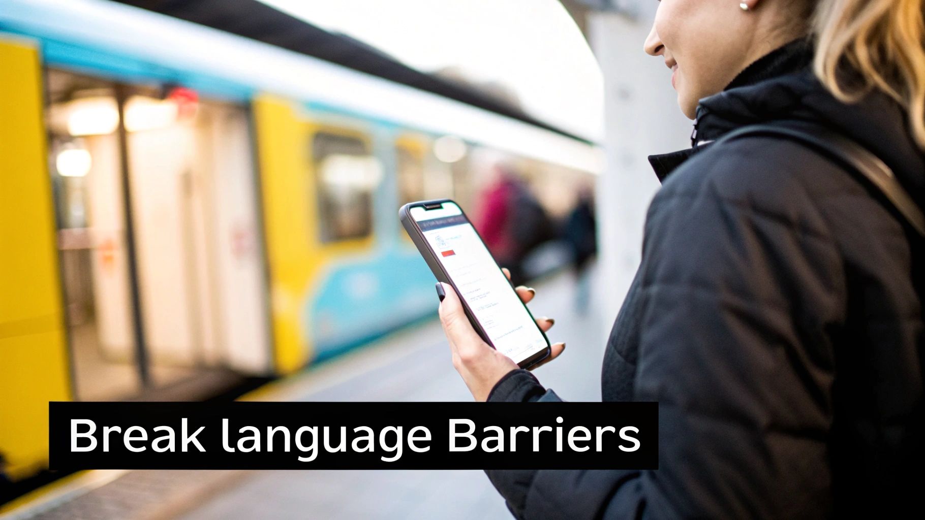 A person on a train platform uses a smartphone with a train in the background, promoting language translation.