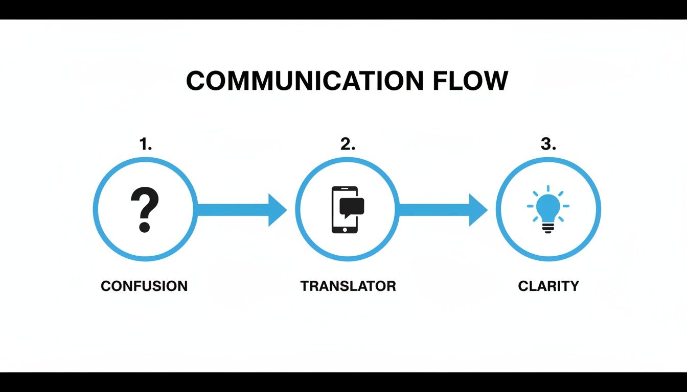 Communication flow diagram illustrating confusion, a translator device, and resulting clarity.