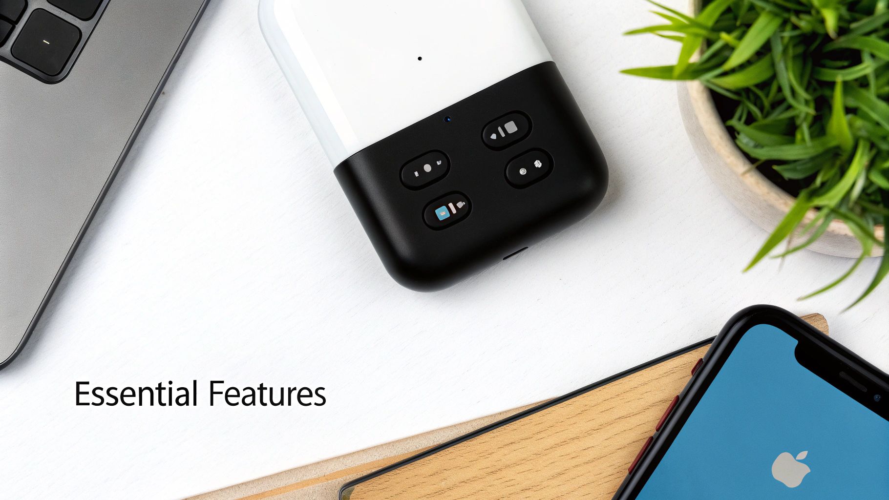 Flat lay of a real-time language translation device with a laptop, smartphone, and plant on a white desk.