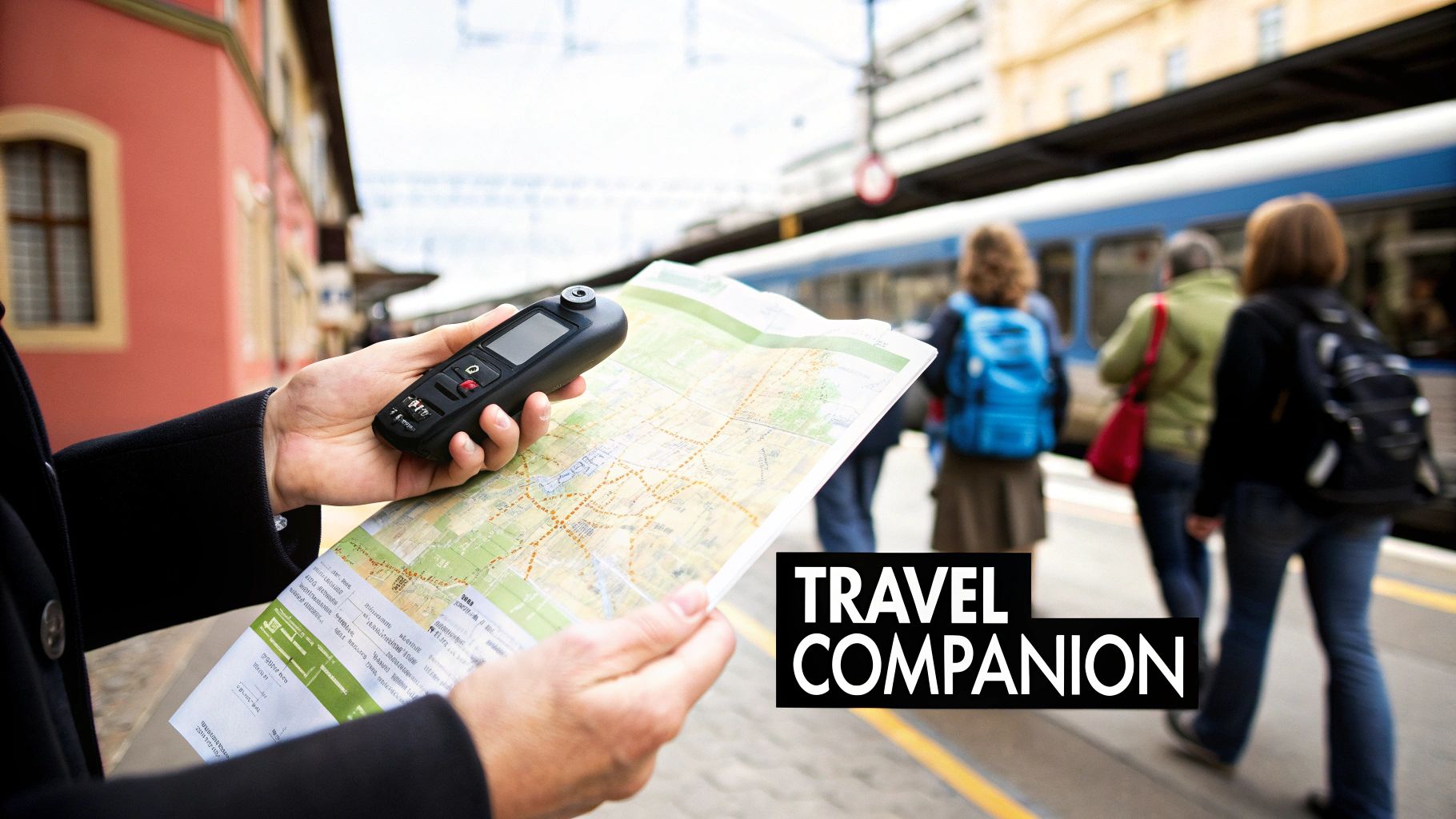 A traveler uses a handheld electronic device and a map at a train station, with a train in the background.