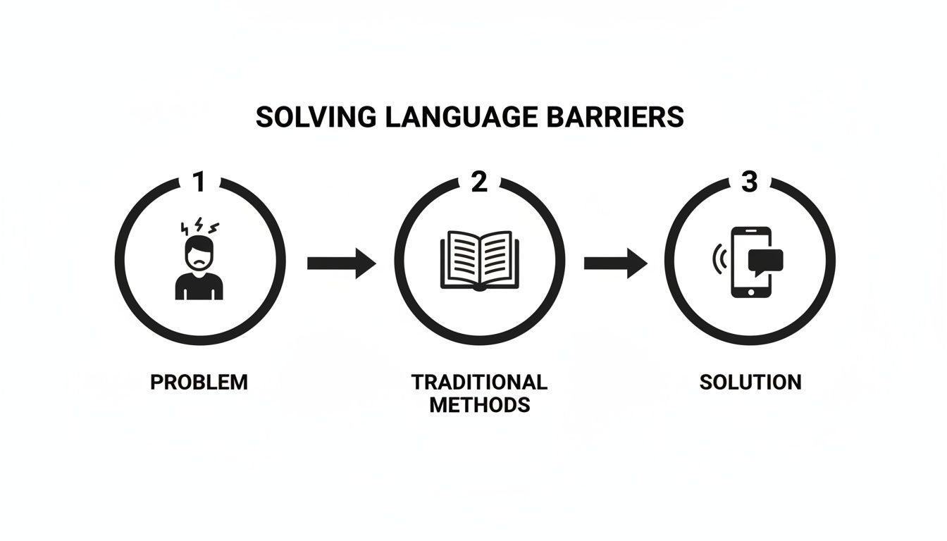 Infographic illustrating solving language barriers: from a frustrated problem to traditional books, finally to a smartphone translation solution.