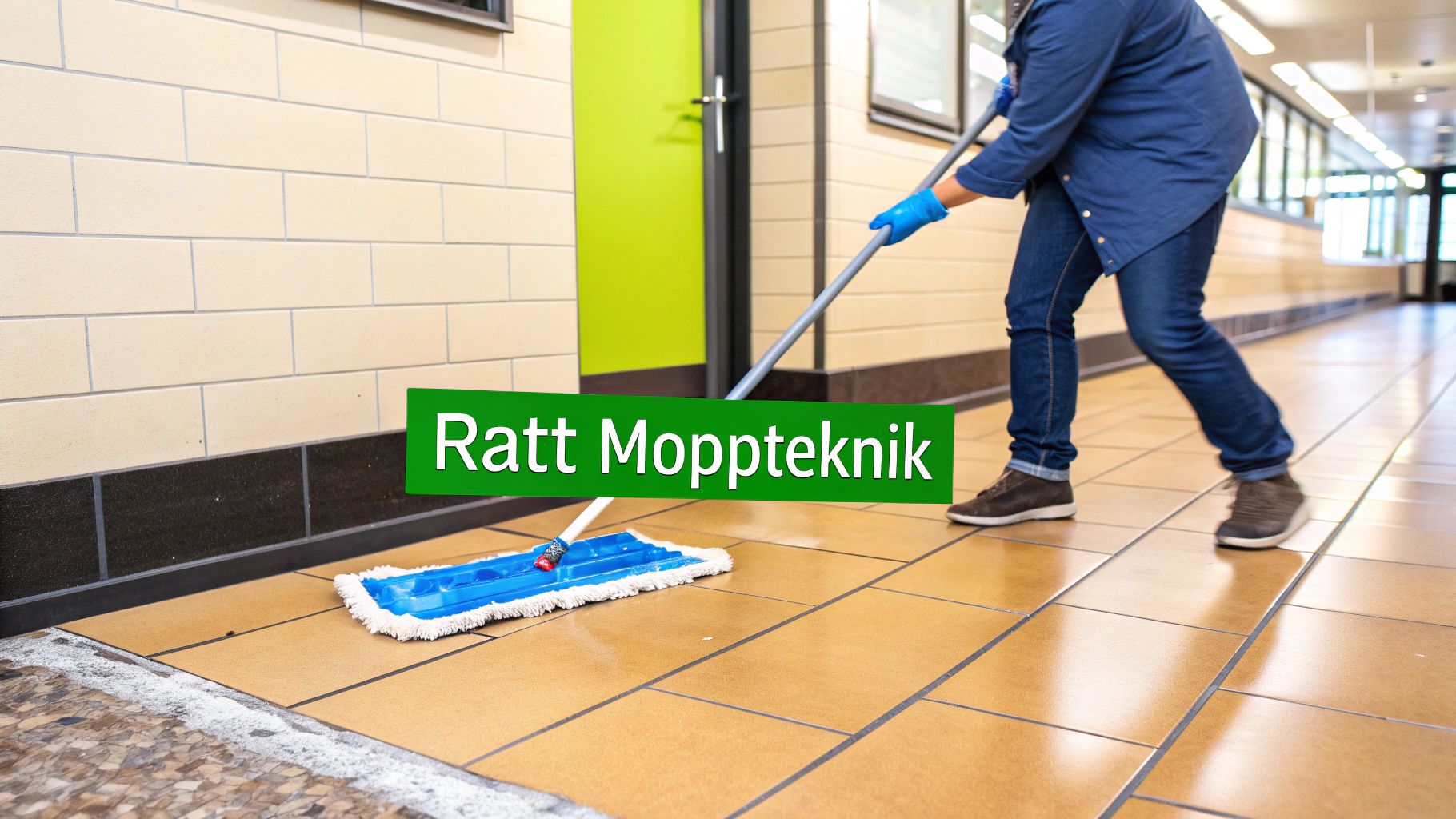 Person som använder blå moppkärl för att rengöra klinkergolv i korridor med Ratt Moppteknik logotyp