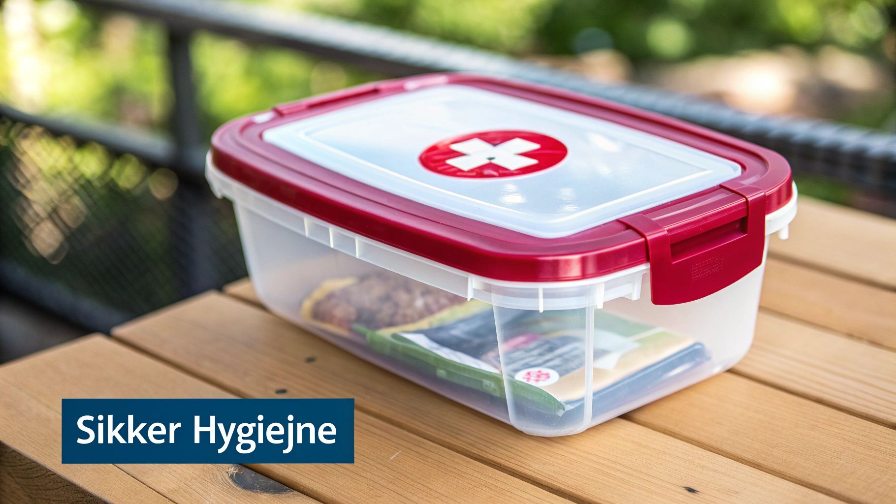 En medarbejder i et professionelt køkken, der håndterer en fødevaregodkendt plastbeholder med tætsluttende låg.