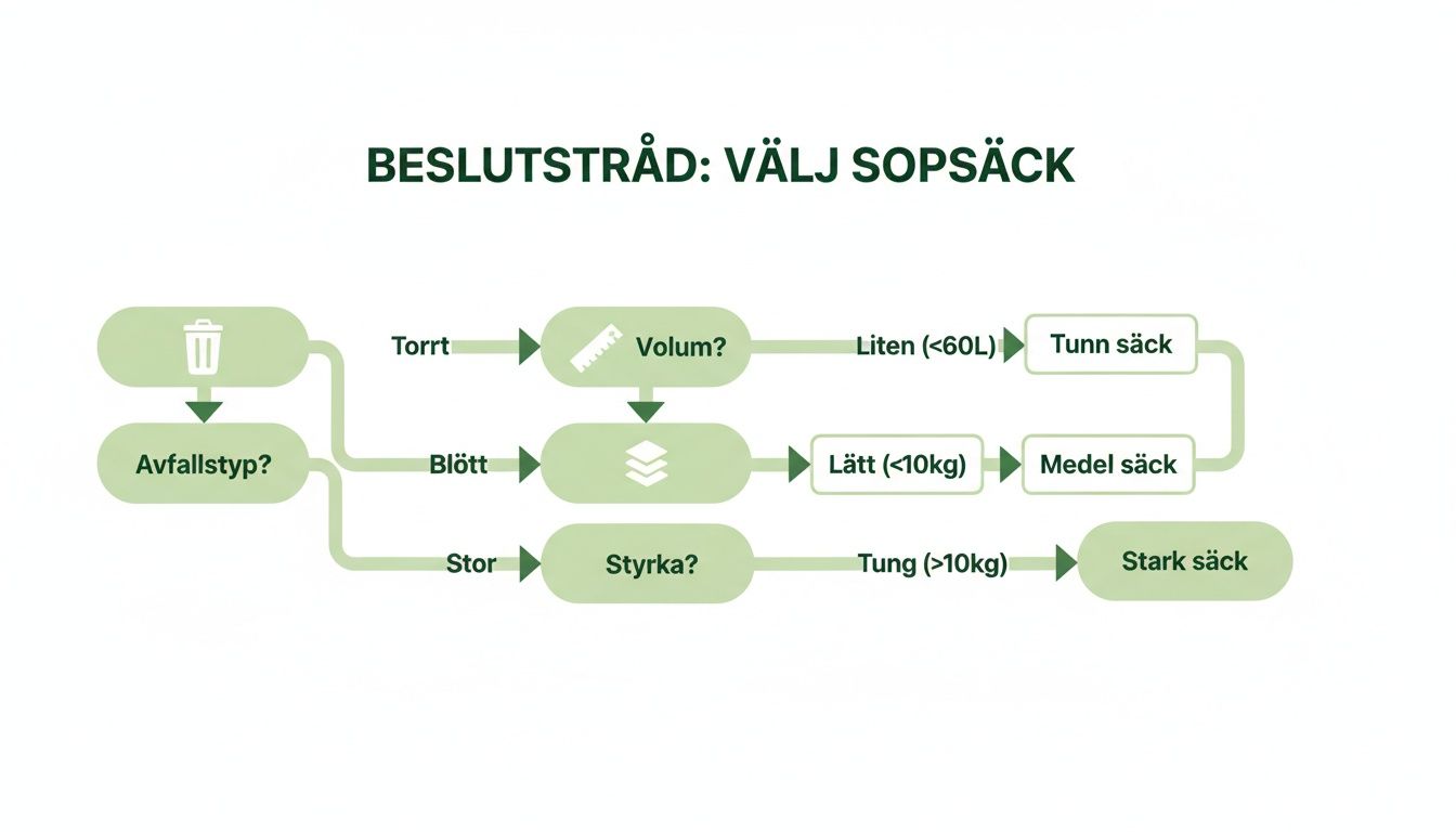Flödesschema som visar hur man väljer rätt sopsäck baserat på avfallstyp, volym och vikt.